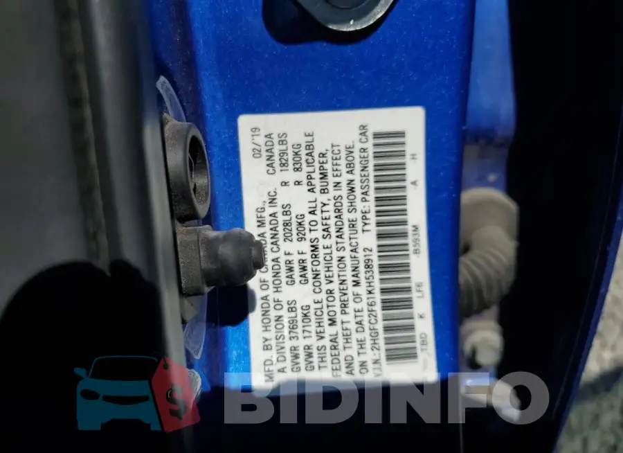 2HGFC2F61KH538912 Photo# 12