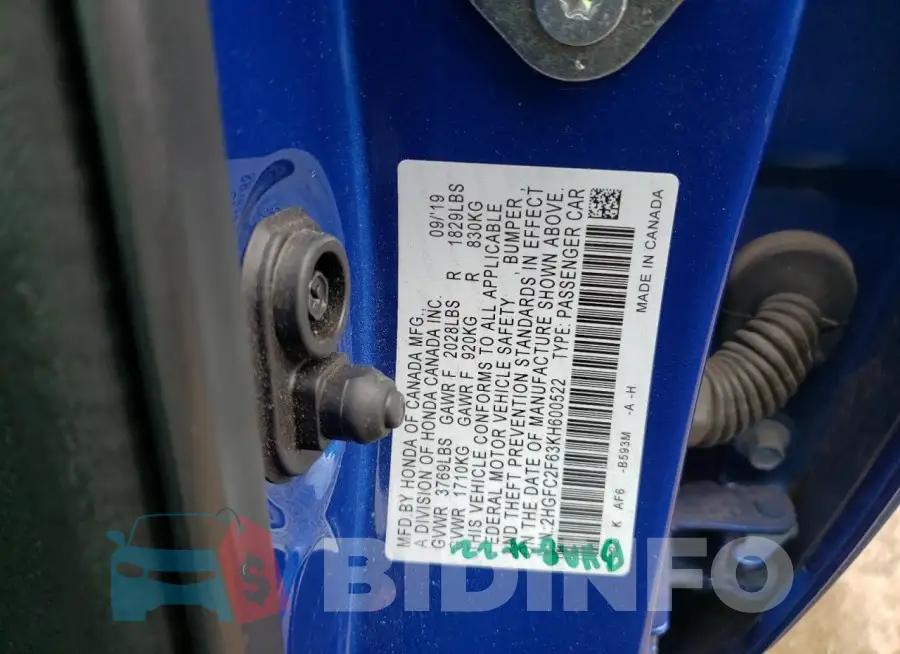2HGFC2F63KH600522 Photo# 12