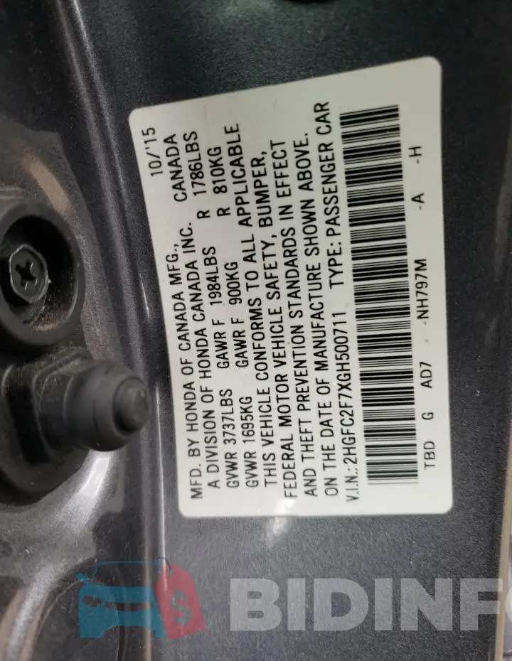 2HGFC2F7XGH500711 Photo# 13