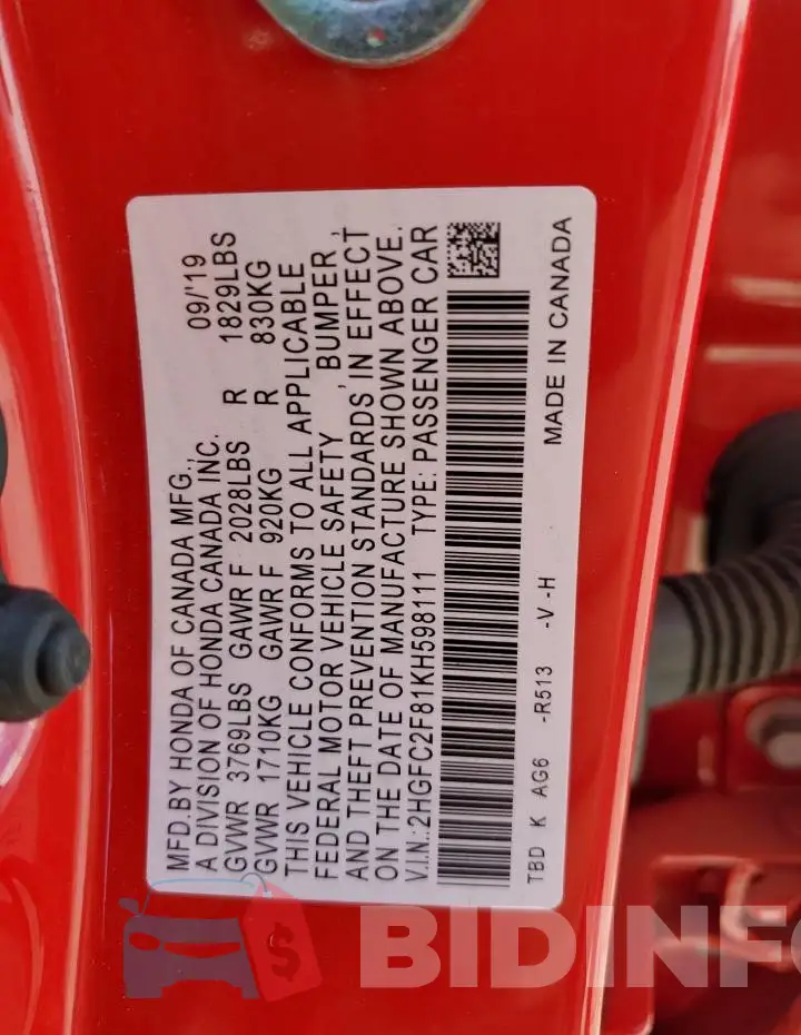 2HGFC2F81KH598111 Photo# 12