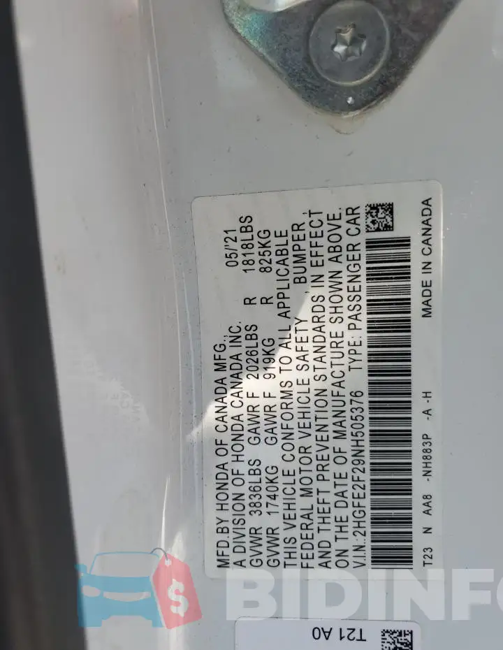 2HGFE2F29NH505376 Photo# 12