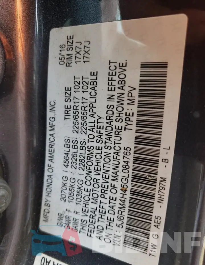 5J6RM4H45GL084765 Photo# 14