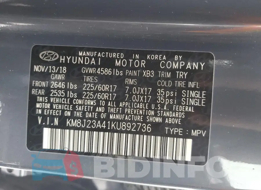 KM8J23A41KU892736 Photo# 12