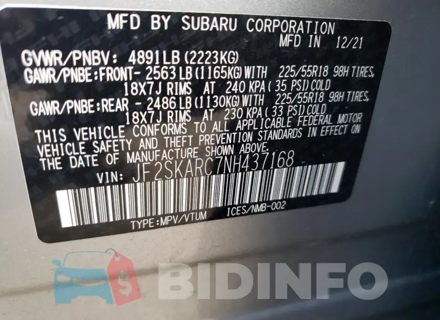 JF2SKARC7NH437168 Photo# 13