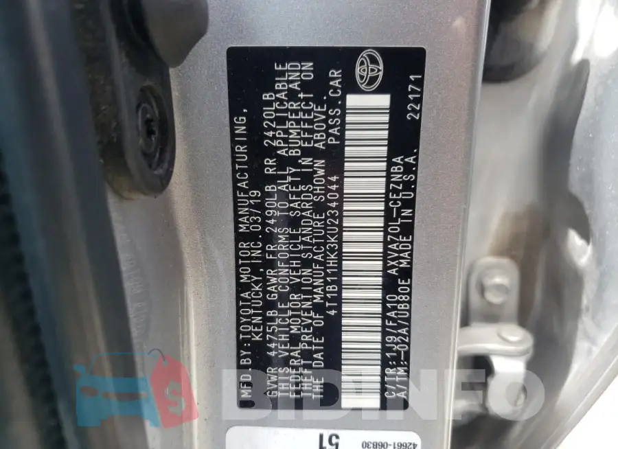 4T1B11HK3KU234044 Photo# 12