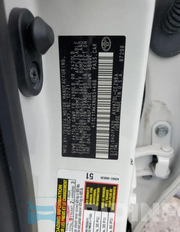 4T1C11AKXNU654466 Photo# 13