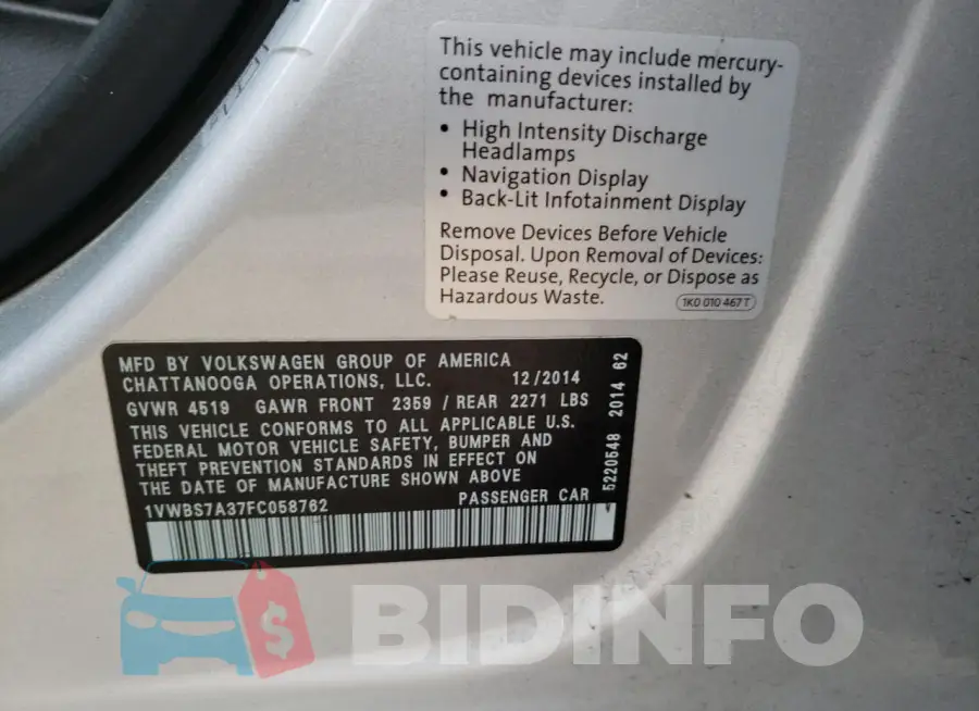 1VWBS7A37FC058762 Photo# 12