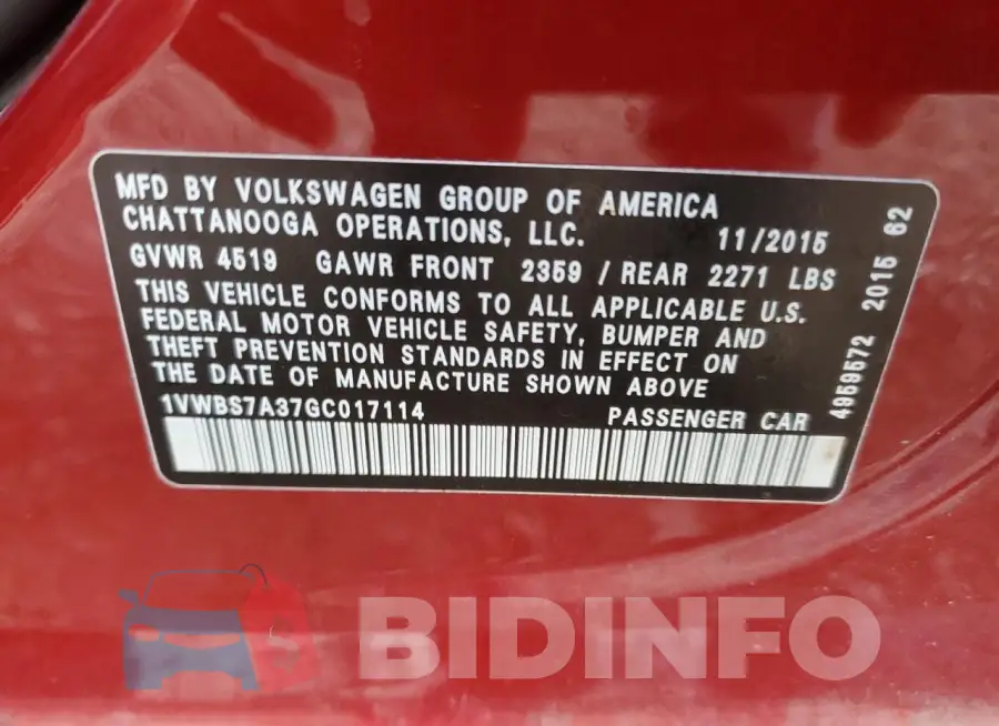 1VWBS7A37GC017114 Photo# 12