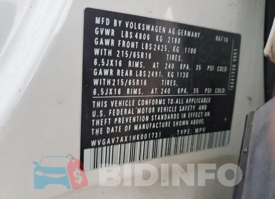 WVGAV7AX1HK001731 Photo# 13