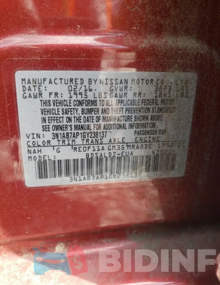 3N1AB7AP1GY238137 Photo# 12