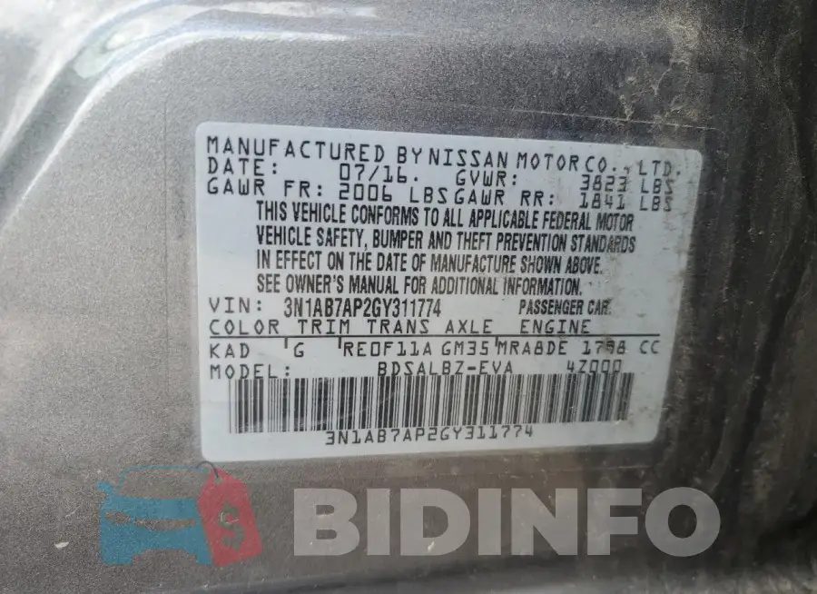 3N1AB7AP2GY311774 Photo# 13