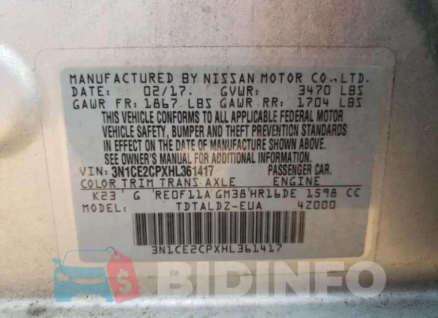 3N1CE2CPXHL361417 Photo# 13