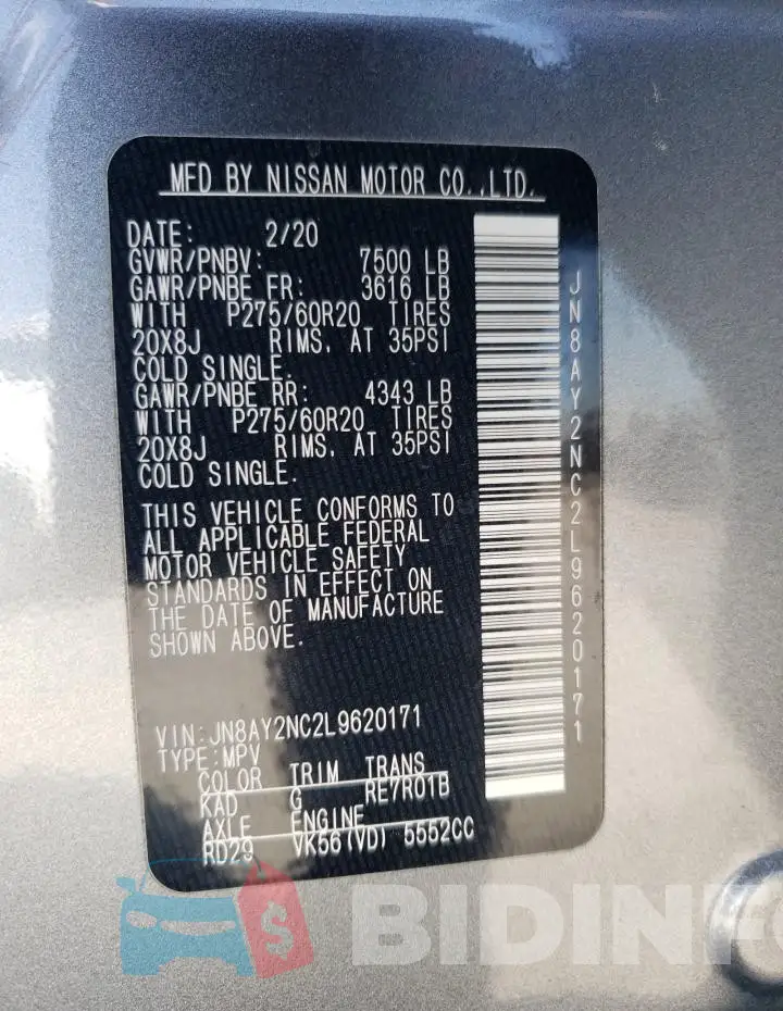 JN8AY2NC2L9620171 Photo# 13
