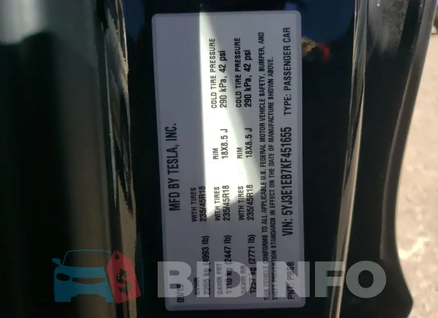 5YJ3E1EB7KF451655 Photo# 12