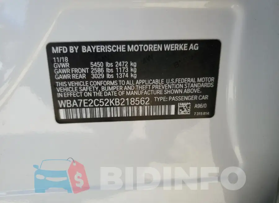 WBA7E2C52KB218562 Photo# 12