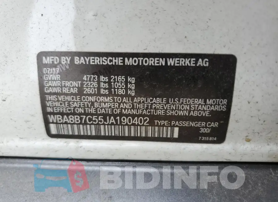WBA8B7C55JA190402 Photo# 13