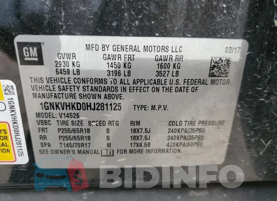 1GNKVHKD0HJ281125 Photo# 14