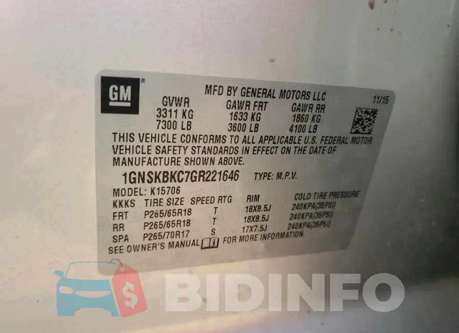 1GNSKBKC7GR221646 Photo# 13