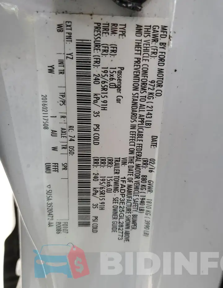 1FADP3E25GL282773 Photo# 14