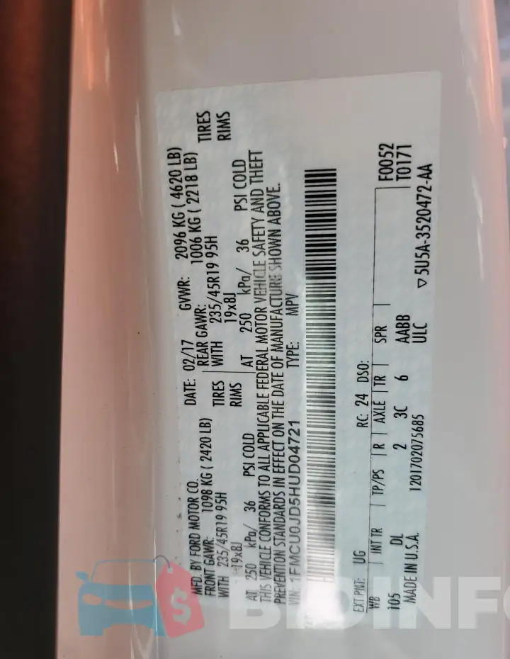 1FMCU0JD5HUD04721 Photo# 13
