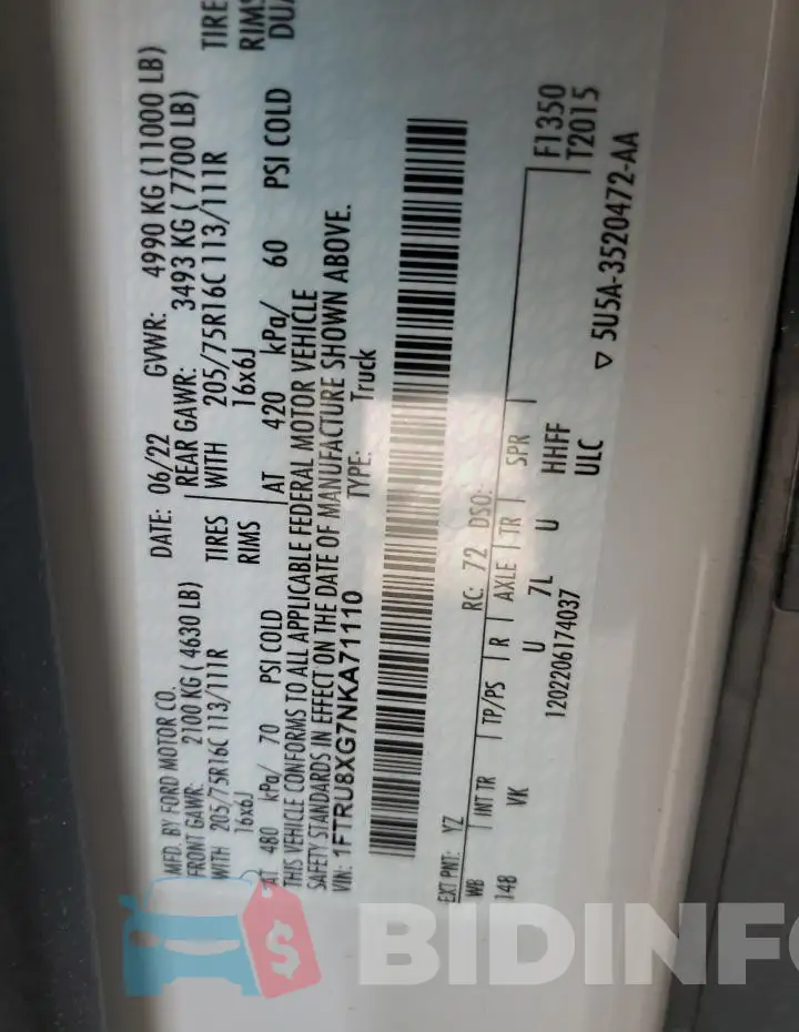 1FTRU8XG7NKA71110 Photo# 13
