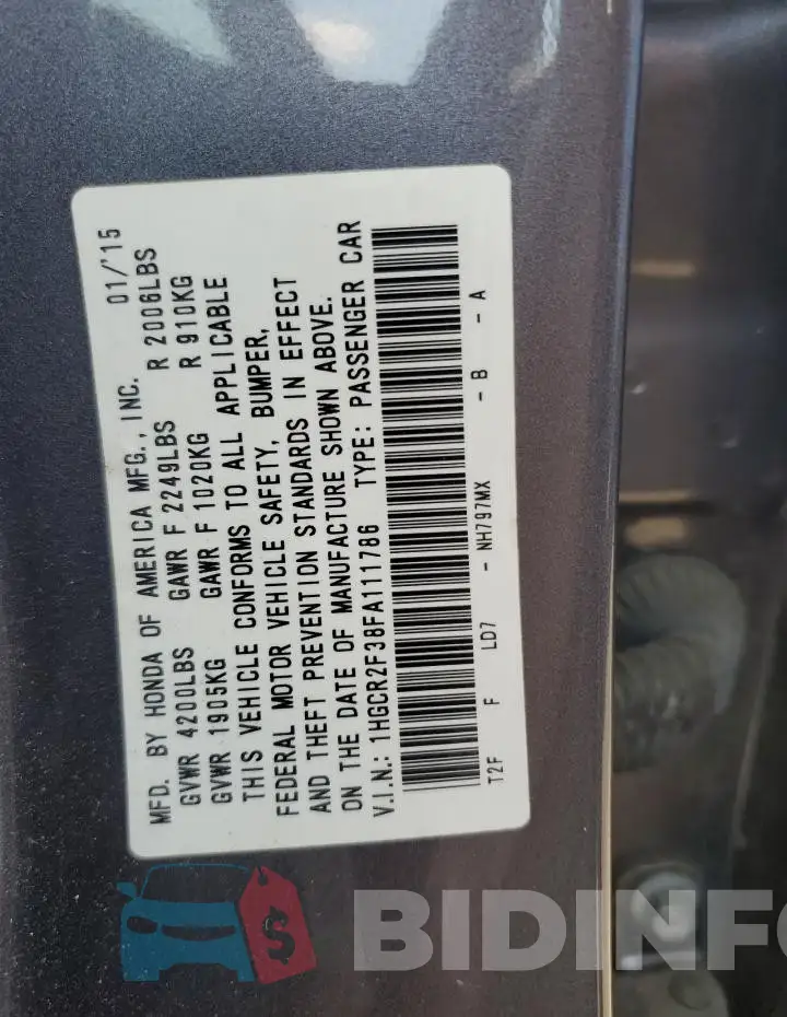 1HGCR2F38FA111786 Photo# 12