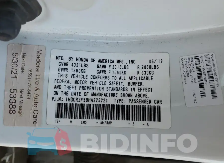1HGCR2F59HA225221 Photo# 12