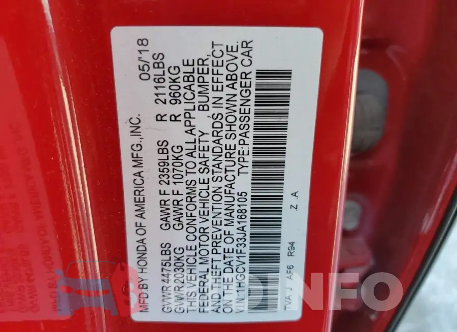 1HGCV1F33JA168105 Photo# 12