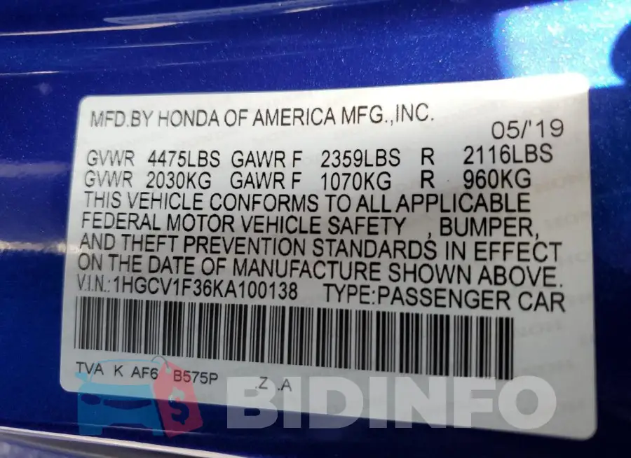 1HGCV1F36KA100138 Photo# 12