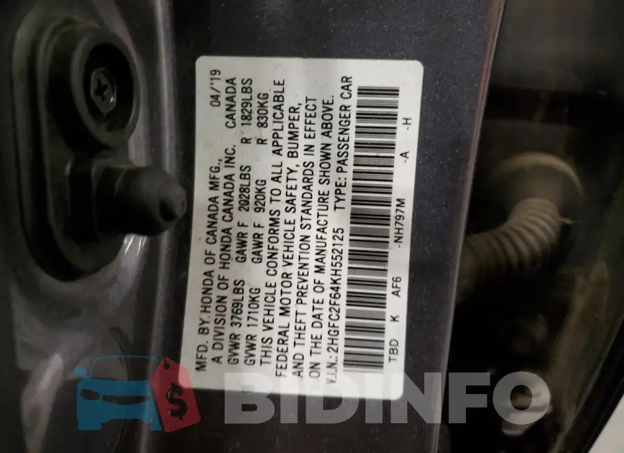 2HGFC2F64KH552125 Photo# 12
