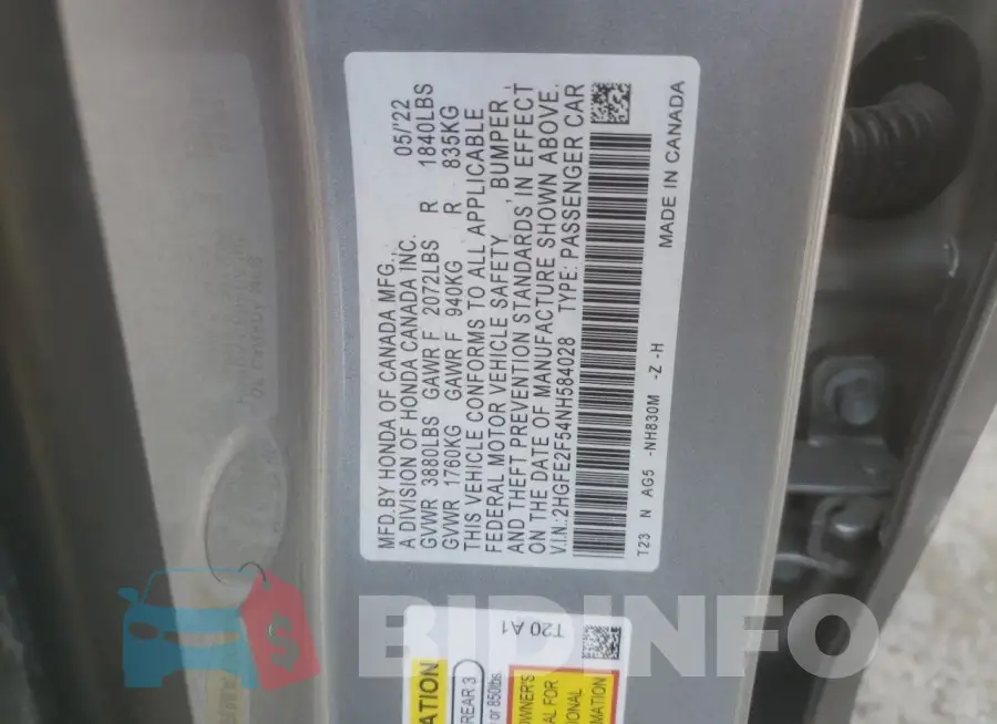 2HGFE2F54NH584028 Photo# 12