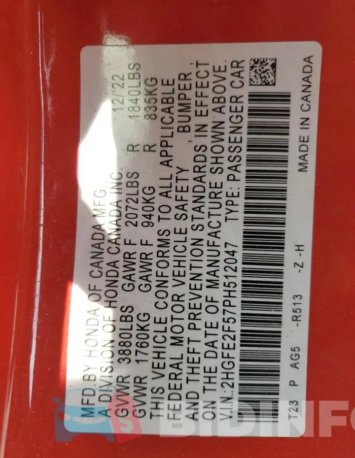 2HGFE2F57PH512047 Photo# 12