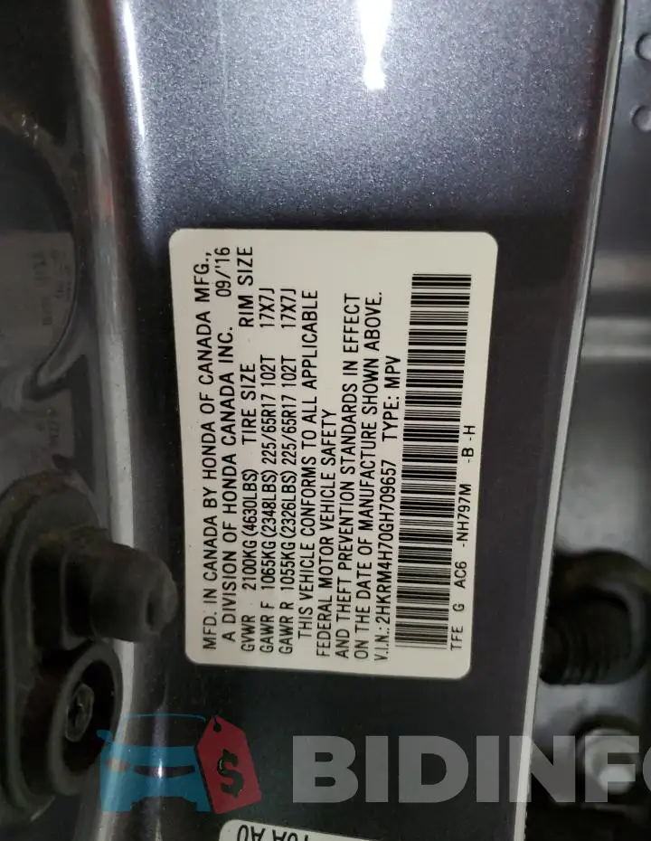 2HKRM4H70GH709657 Photo# 13