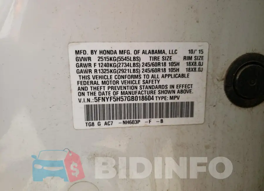 5FNYF5H57GB018604 Photo# 13