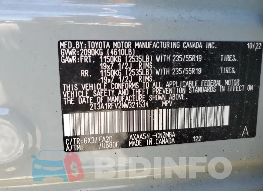 2T3A1RFV2NW321534 Photo# 13