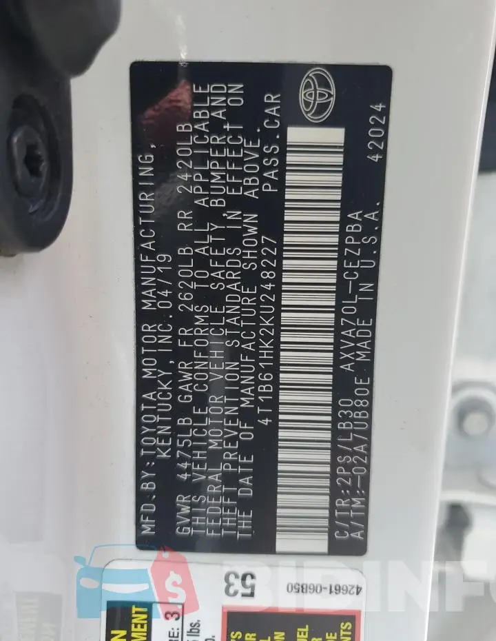 4T1B61HK2KU248227 Photo# 12