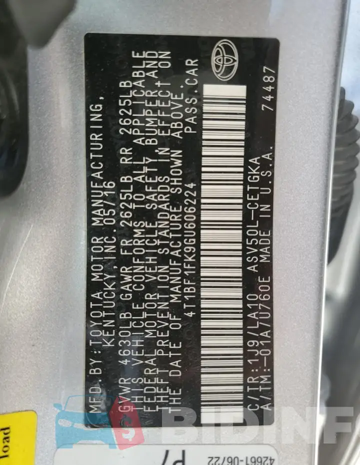 4T1BF1FK9GU606224 Photo# 12