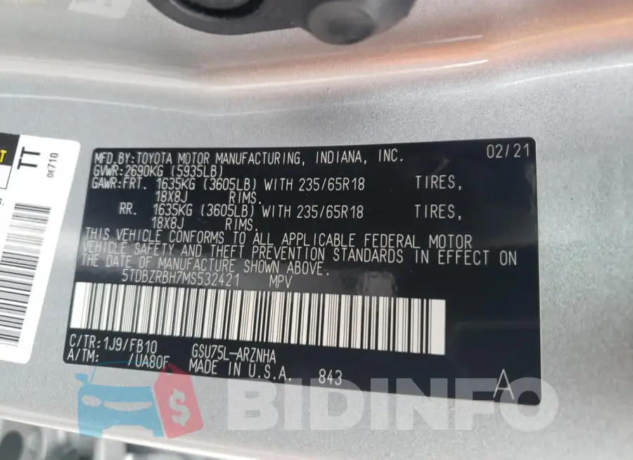 5TDBZRBH7MS532421 Photo# 13