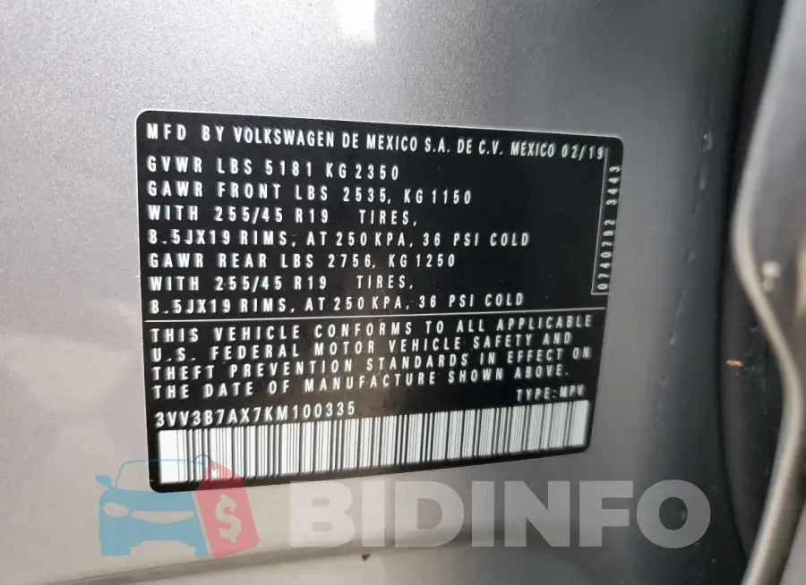 3VV3B7AX7KM100335 Photo# 14