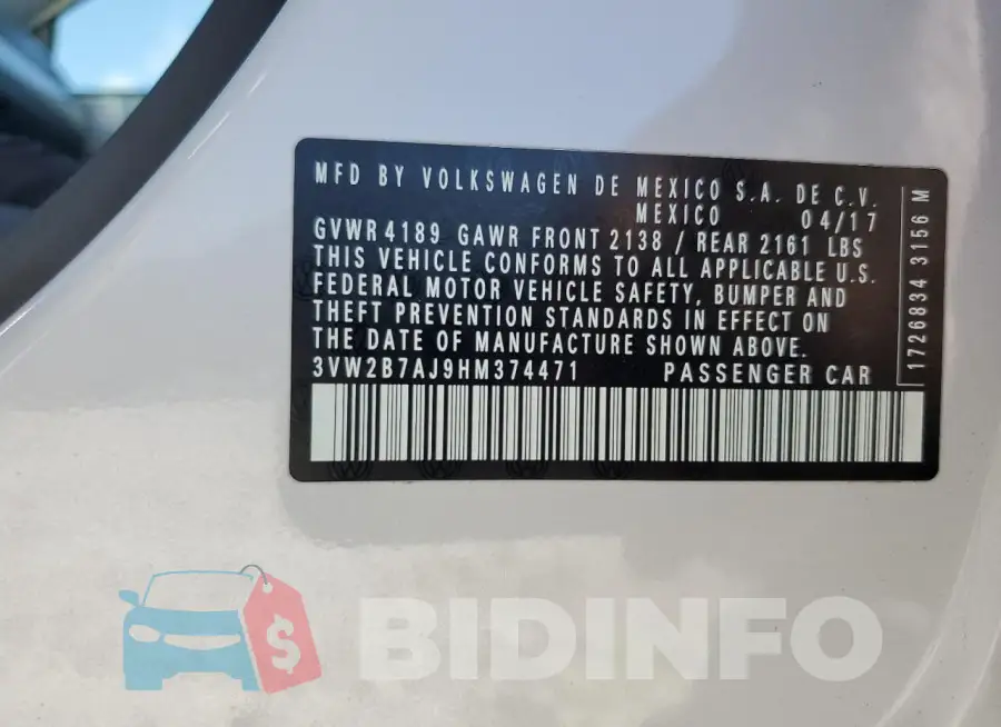 3VW2B7AJ9HM374471 Photo# 12