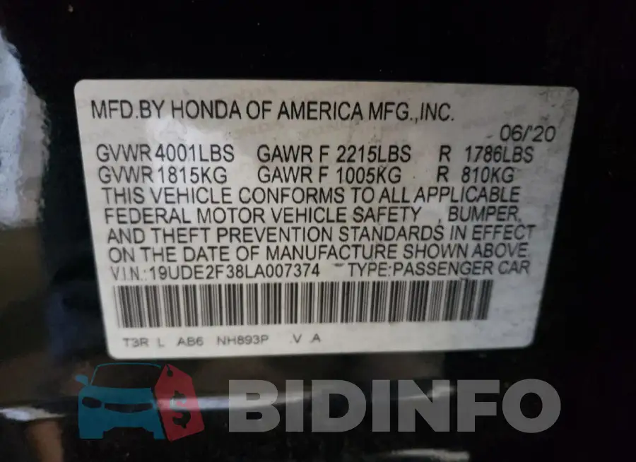19UDE2F38LA007374 Photo# 12