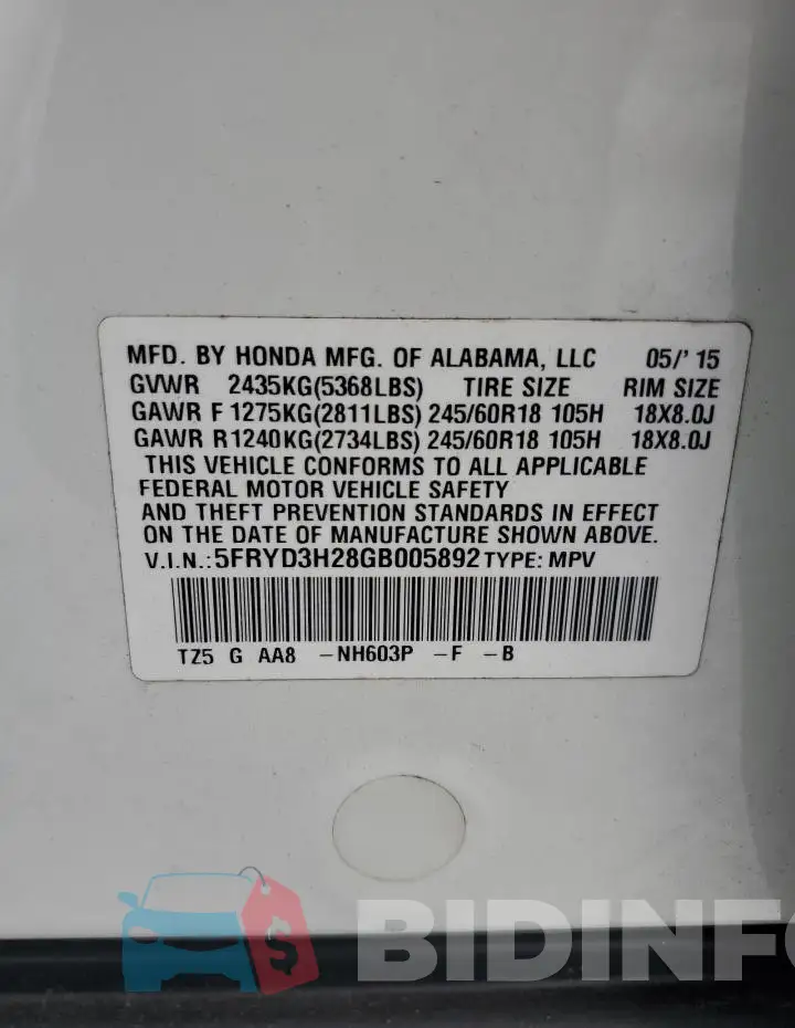 5FRYD3H28GB005892 Photo# 13