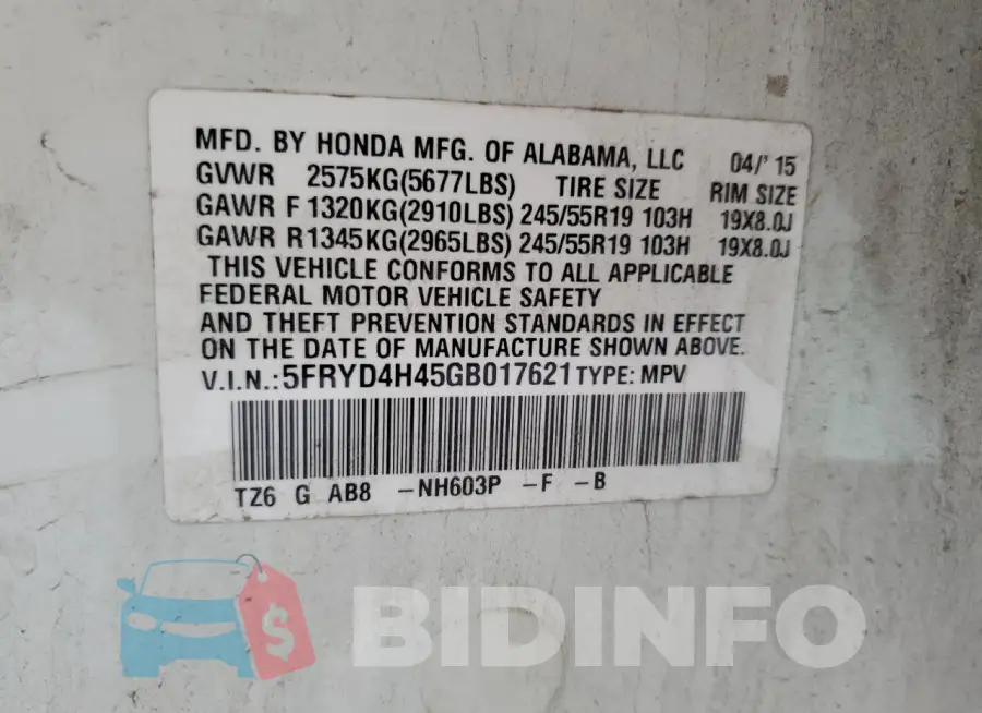 5FRYD4H45GB017621 Photo# 13