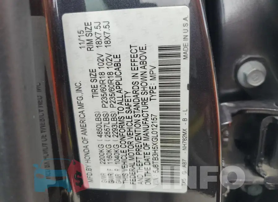 5J8TB3H5XGL012157 Photo# 12