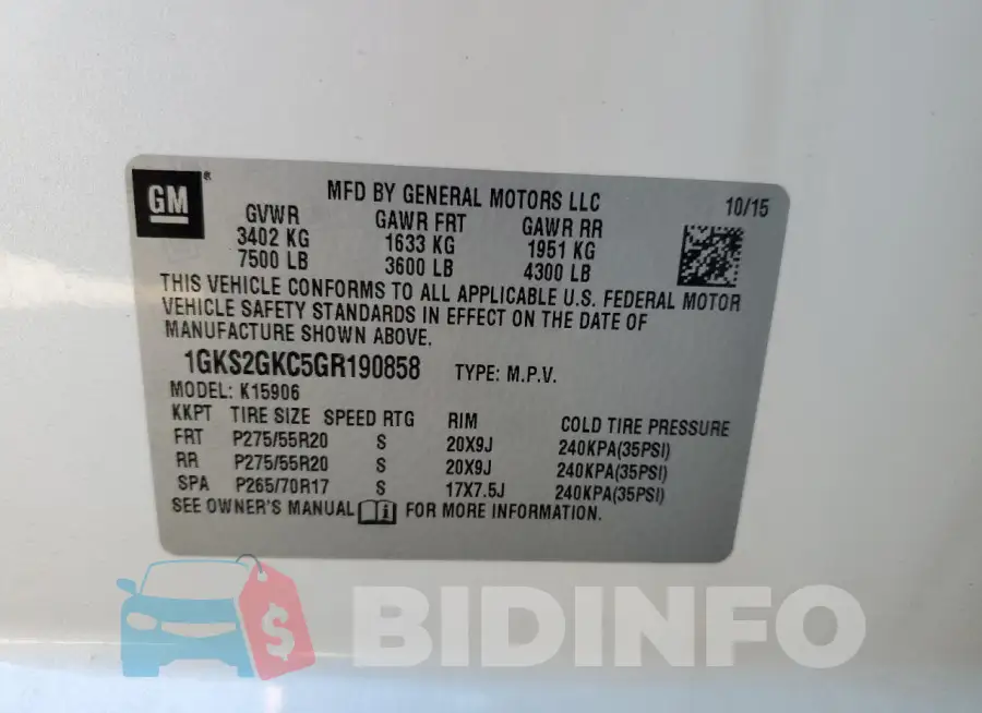1GKS2GKC5GR190858 Photo# 13