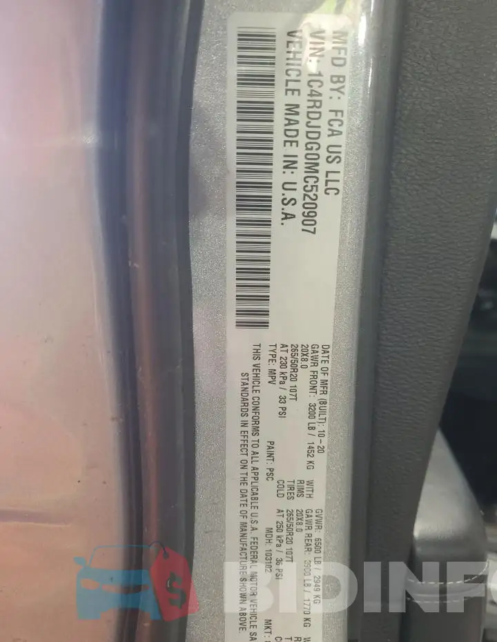 1C4RDJDG0MC520907 Photo# 13