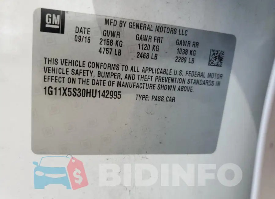 1G11X5S30HU142995 Photo# 12