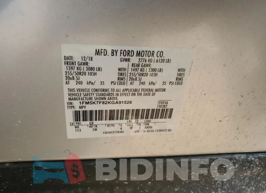 1FM5K7F82KGA91526 Photo# 13