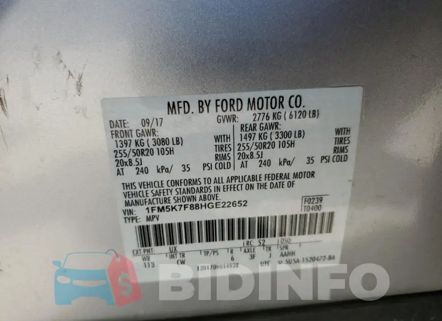 1FM5K7F88HGE22652 Photo# 13