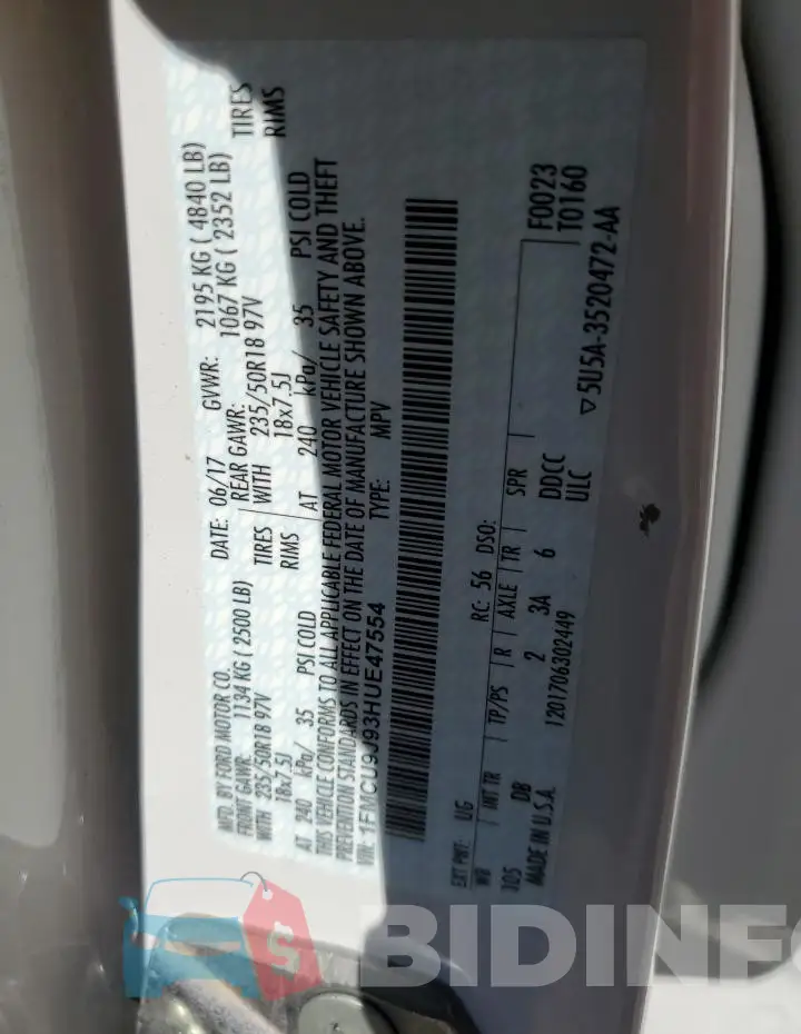 1FMCU9J93HUE47554 Photo# 12